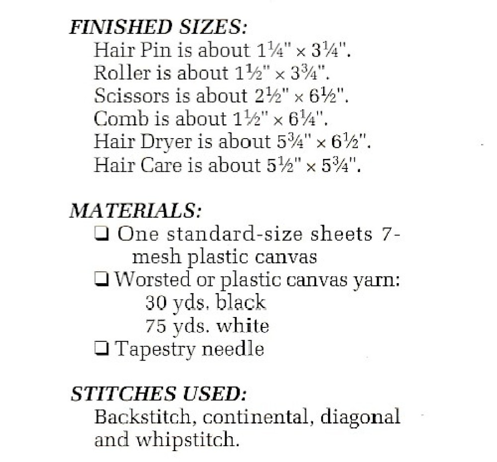 Hair Care Appliques - 7 count plastic canvas - Plastic Canvas Pattern ONLY