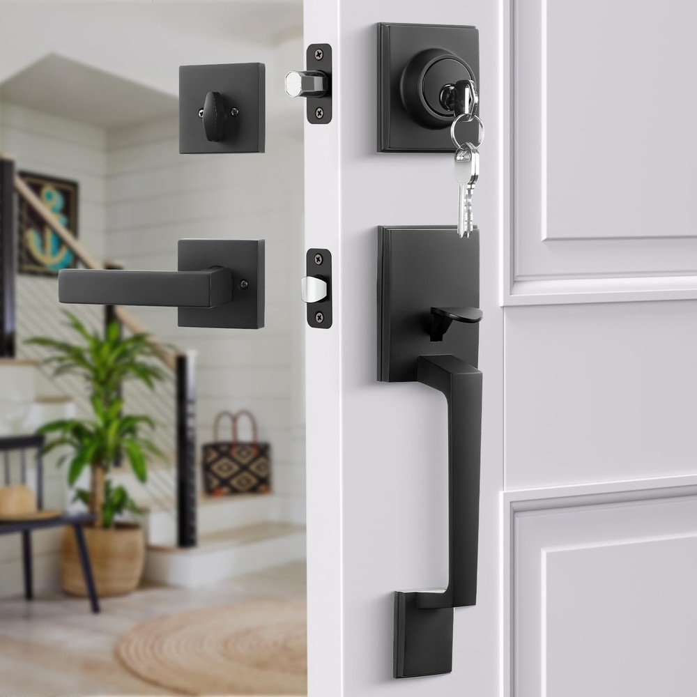 Haidms Black Front Door Handle Square with Deadbolt, Matte