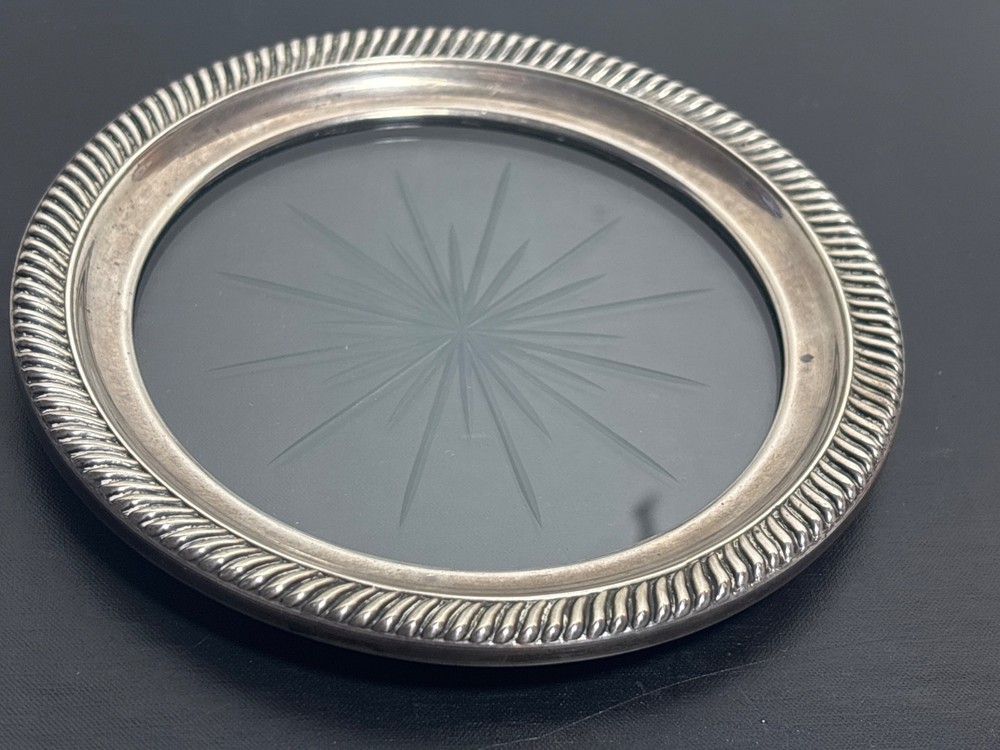 Frank M. Whiting Sterling Silver Glass Wine Bottle Coaster Beaded Border