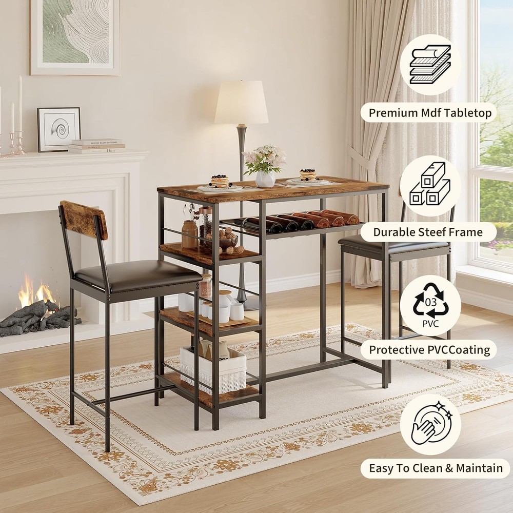 3PCS Dining Table Set w/ 2 Upholstered Bar Stool Wine Rack Kitchen Dining Room