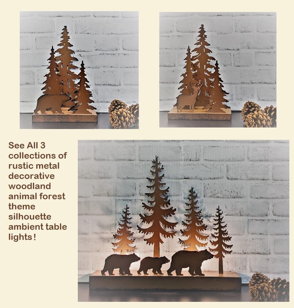 Rustic Brown Metal Bear Forest Silhouette Ambient Light NightStand Table Lamp