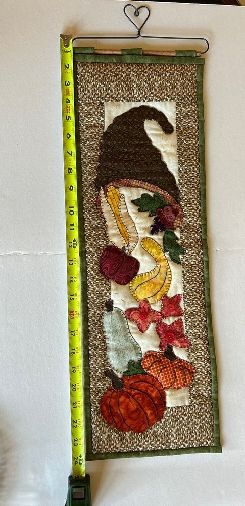 Hand Stitched Details On Fabric Fall Wall Hanging Cornucopia With Squash