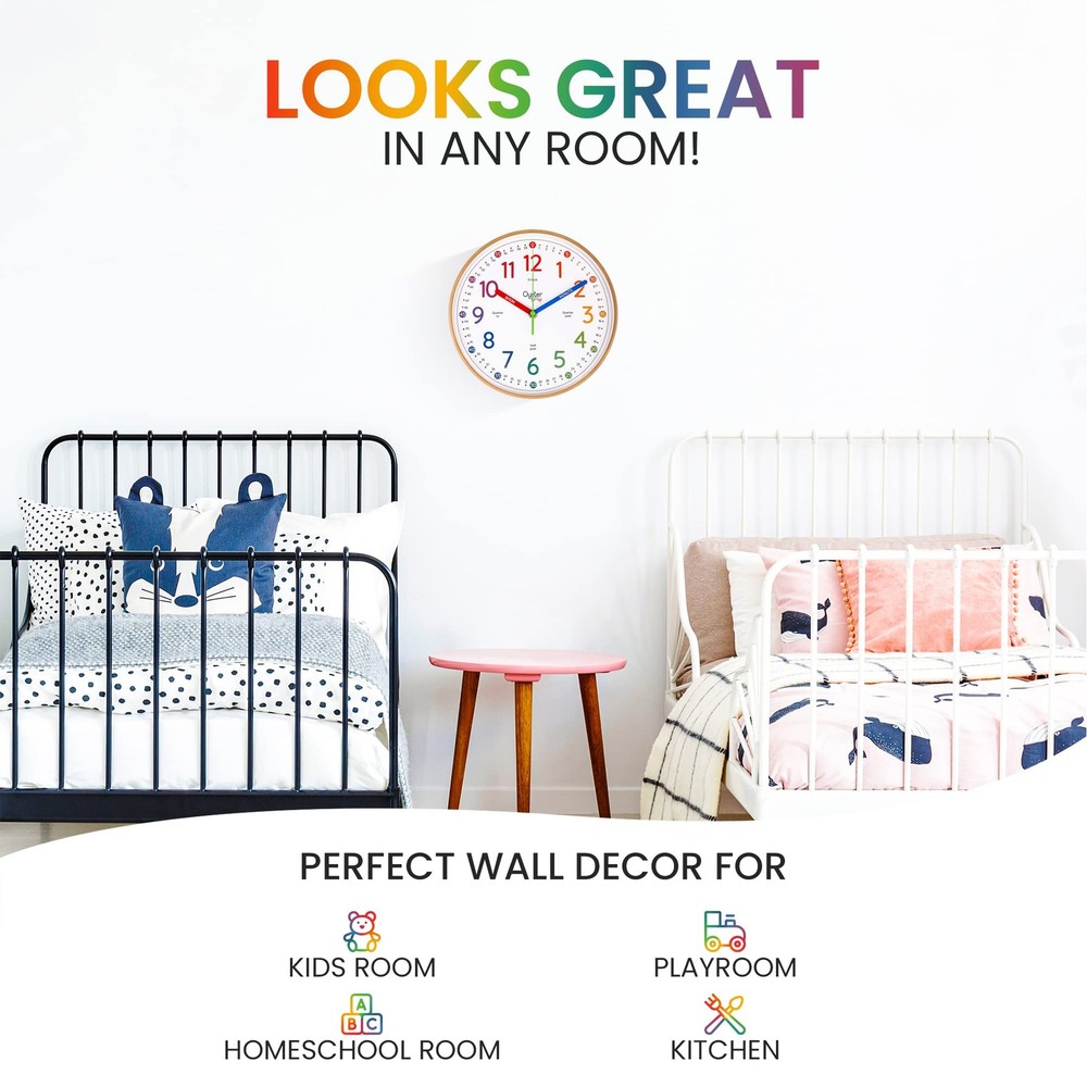 Oyster&Pop Kids Learning Wall Clock - Silent 10 Inch Analog Teaching Clock