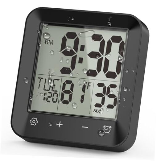 Waterproof Shower Clock Timer, Bathroom Clock with Countdown, Touch Black