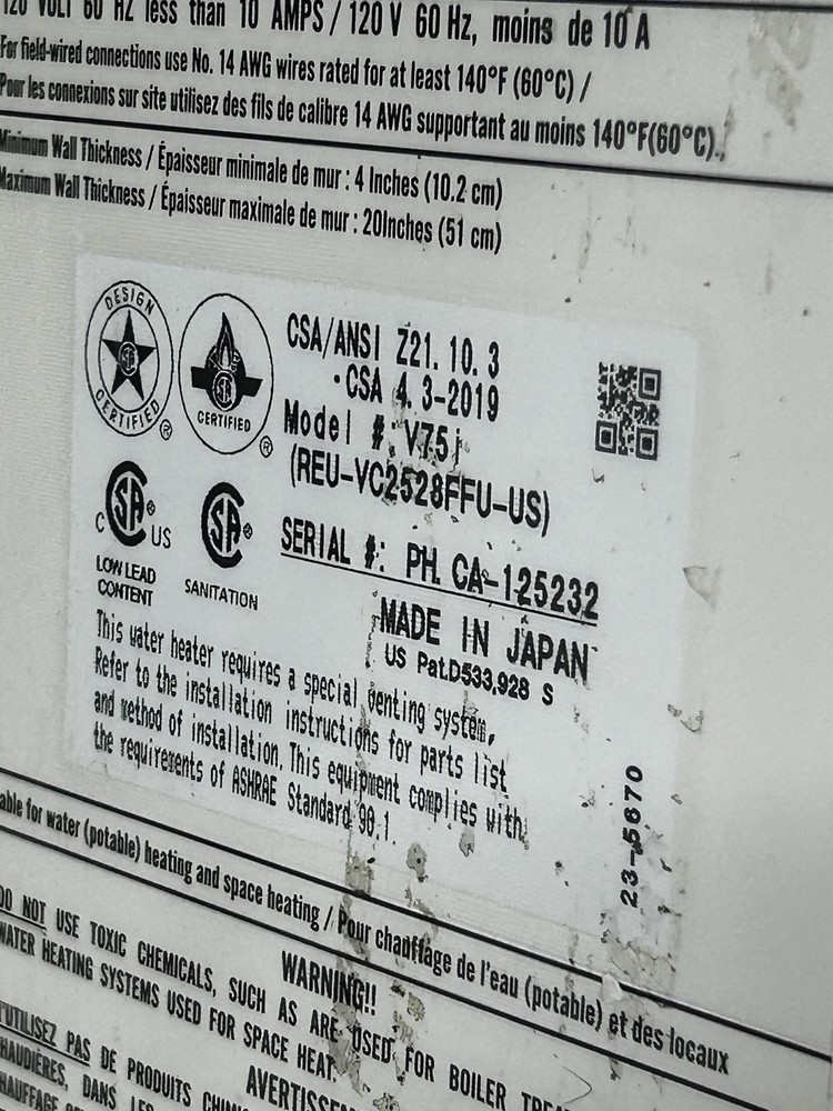 Rinnai V75IN Internal Tankless Water Heater 180k Btu 7.5gpm SCRATCH/DENT UNIT