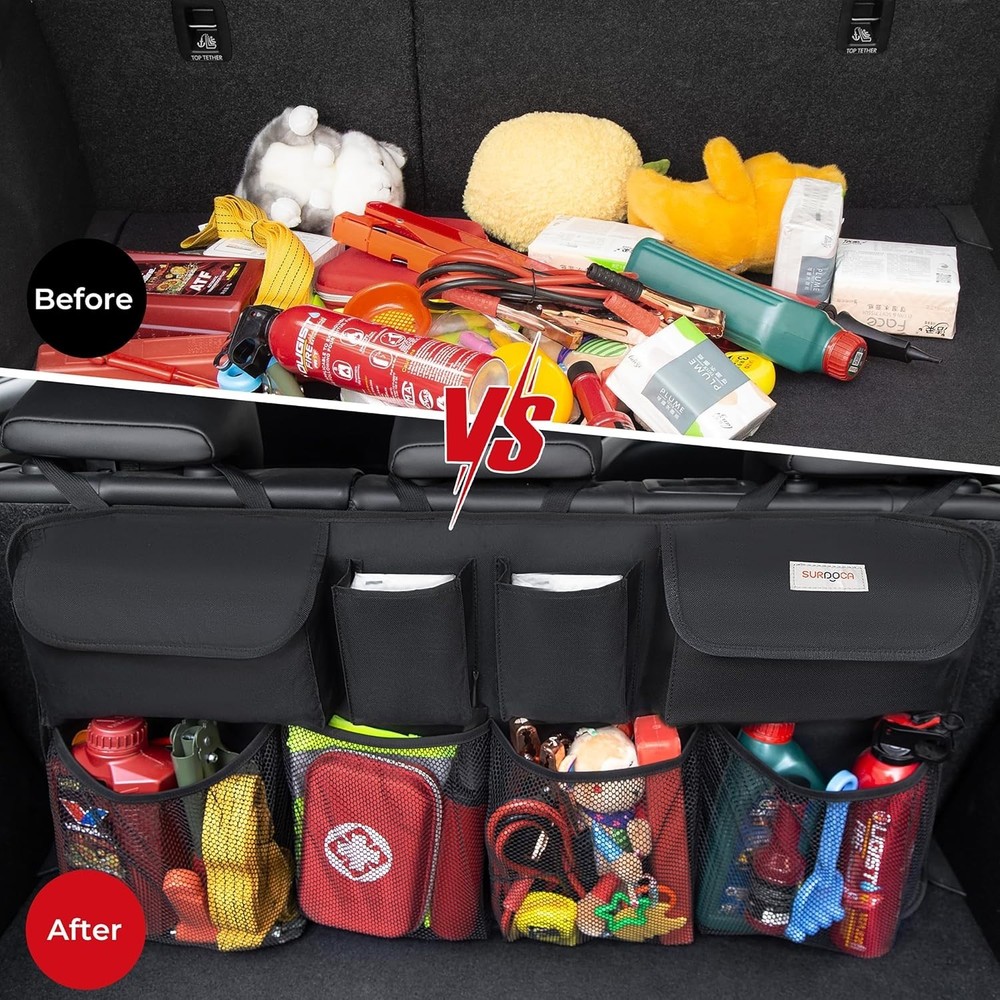 Large Capacity Car Trunk Organizer with 8 Pockets - Durable Black Design