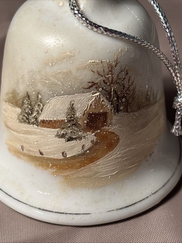 Vintage Hand Painted Bell Ceramic Winter Scene Covered Bridge Signed 3” X 2.5”