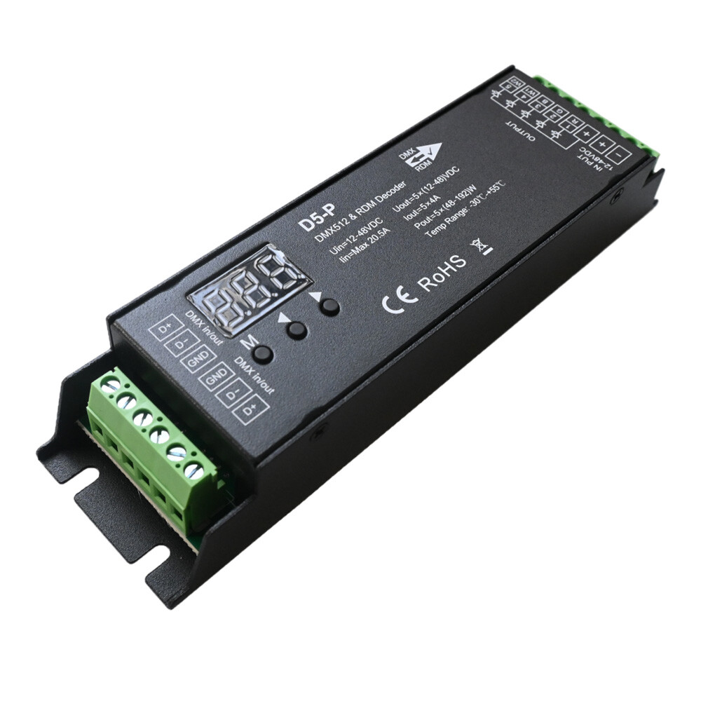 5 Channel DMX 512 & RDM Decoder RGB+CCT LED Strip Controller Dimmable DC 12V-48V