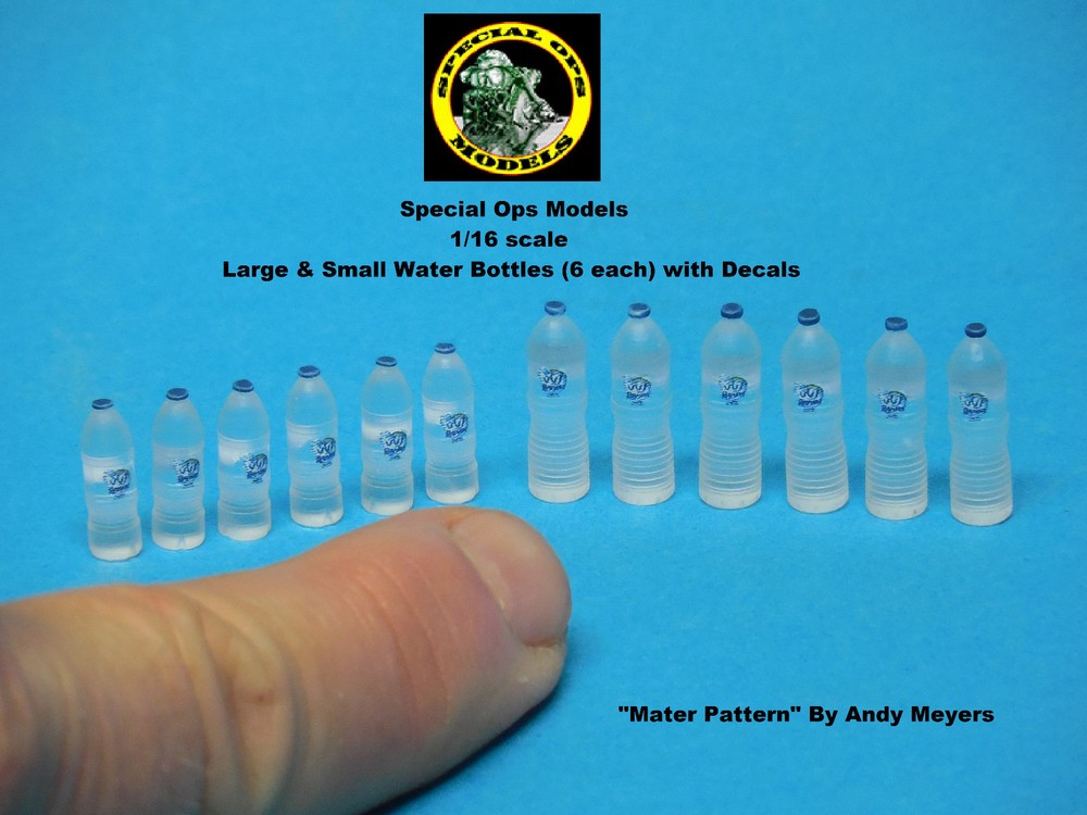1/16 scale Modern Clear Water Bottles Small & Large (12 pcs) with Decals