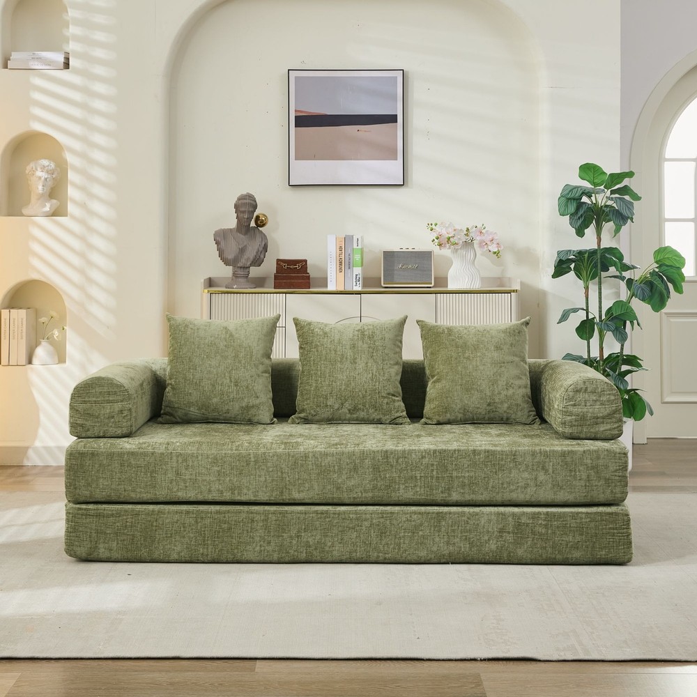 Multi-Functional Floor Sofa Convertible Folding Chenille Bed Sofa Couch Green