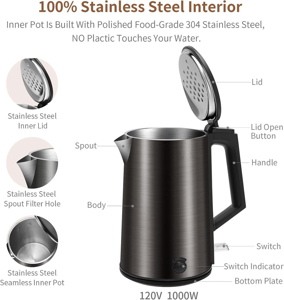 Hervidor De Agua Electrico Tetera Electrica Calentador Para Cafe Te 1.0 L NUEVO.