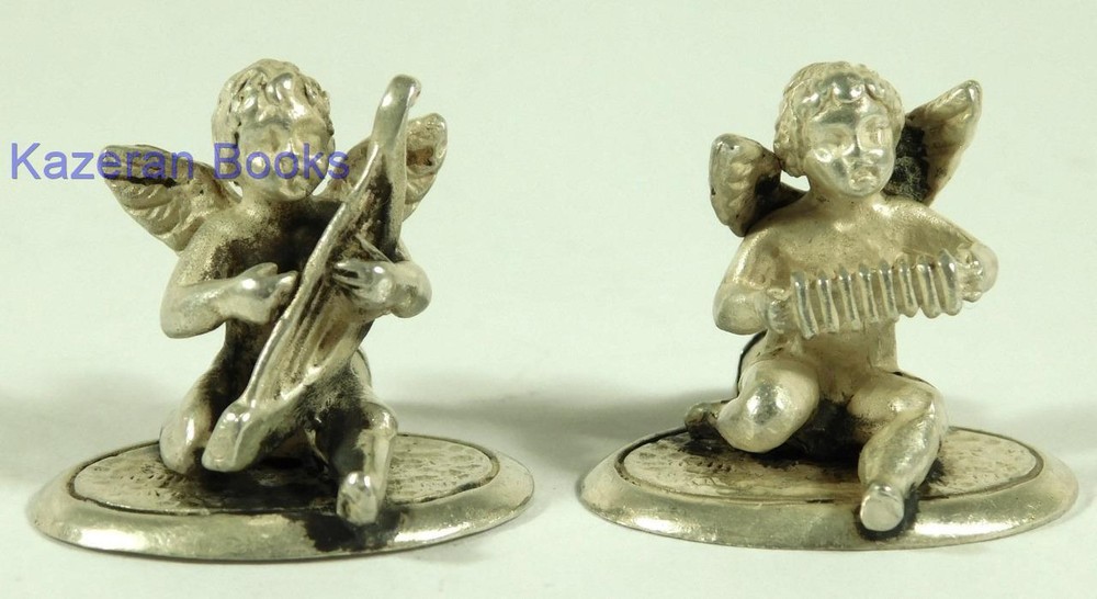 2x Vintage Solid Silver Miniature Cherub Putti Musician Place Menu Holders