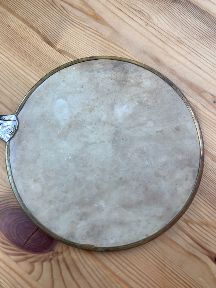 Vintage Hand Held Round Vanity Silver Plate Mirror