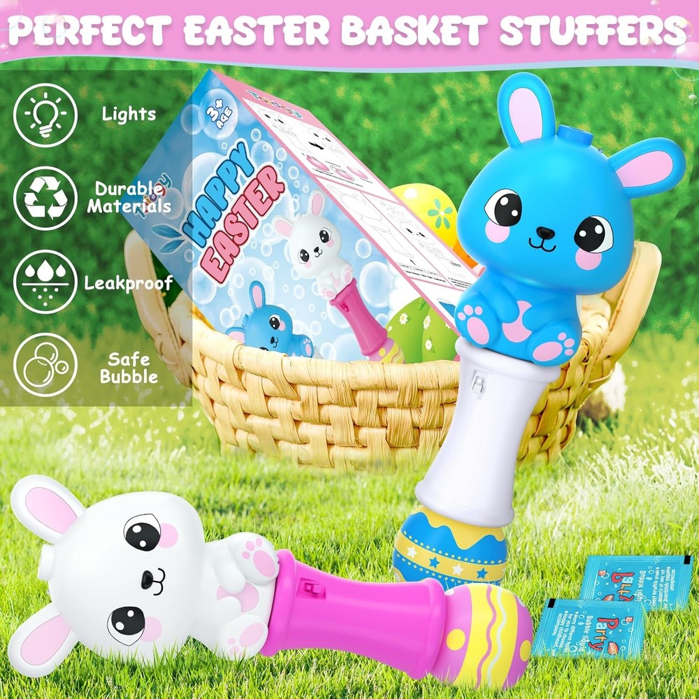 Easter Bunny Bubble Wand 2 Pack, Automatic Bubble Machine Gun for Kids, Light Up