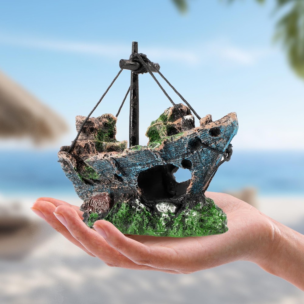 Xereooe 8Pcs Fish Tank Decorations Set Sunken Ship Multicolored