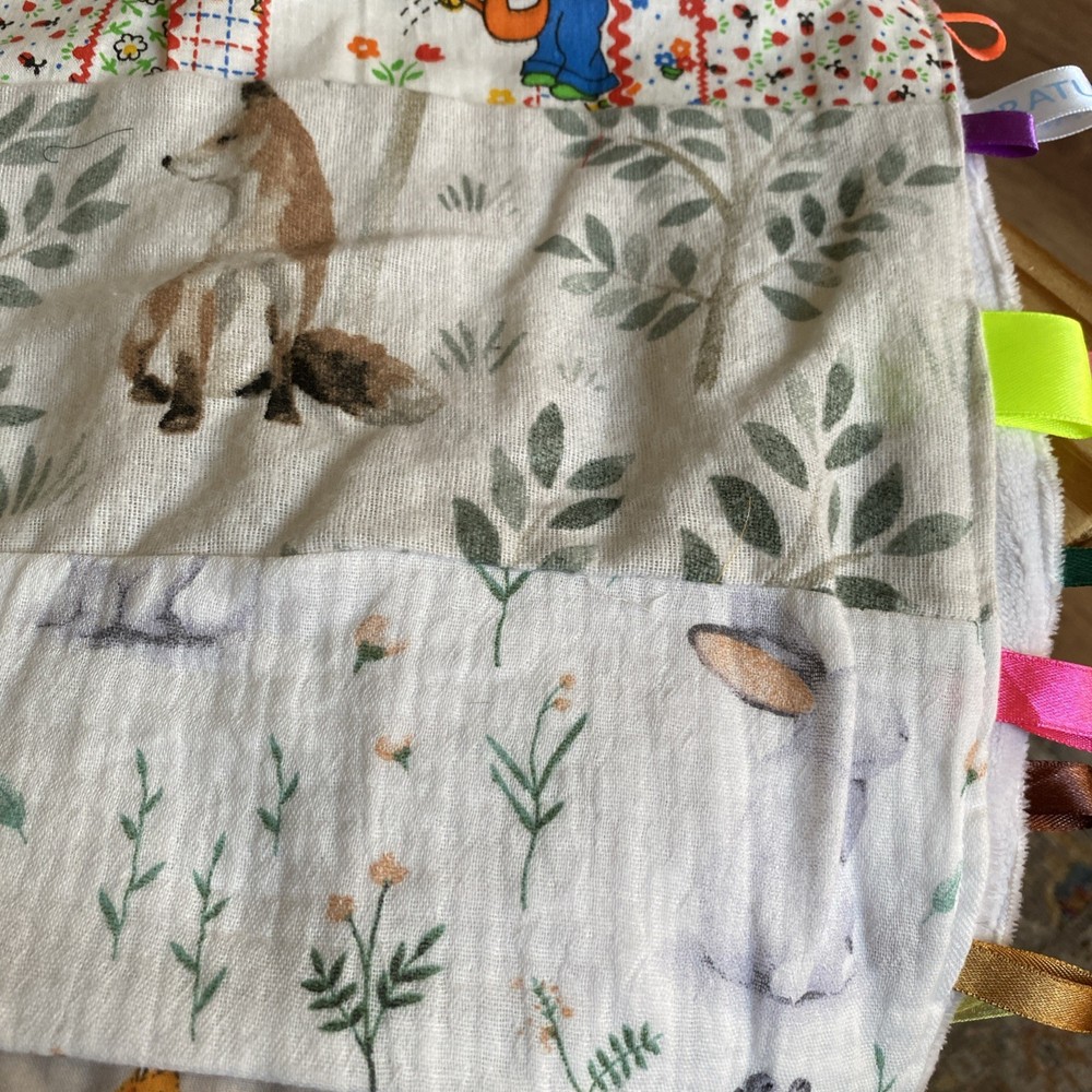 Large Handmade Blanket Taggie Blanket - Patchwork multicolour, soft white back