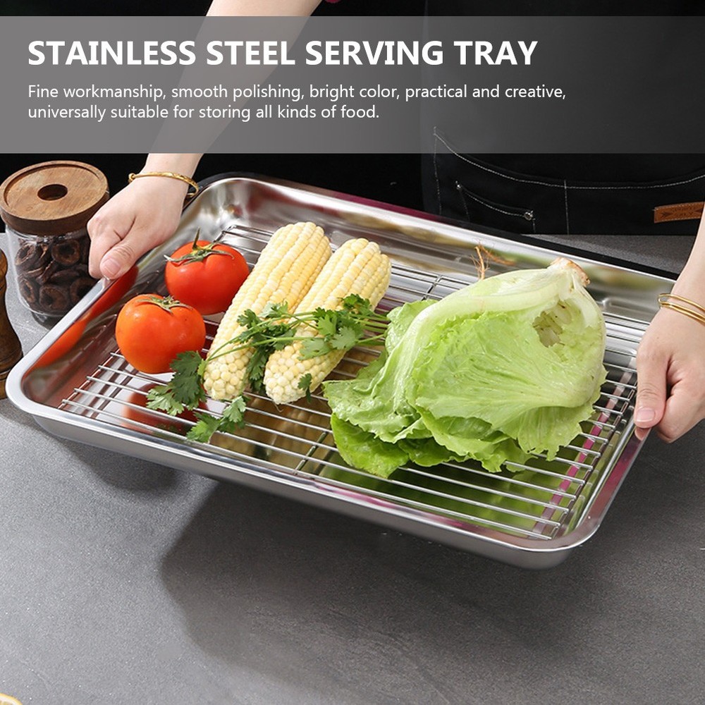3pcs Oven Pan Stainless Steel Rectangular Heavy Duty Deep Edged Tray