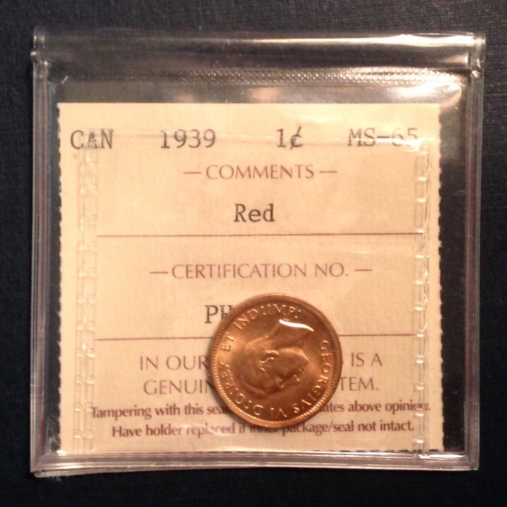 1939 Canada George VI One Cent ICCS Graded  RED Uncirculated  cd -