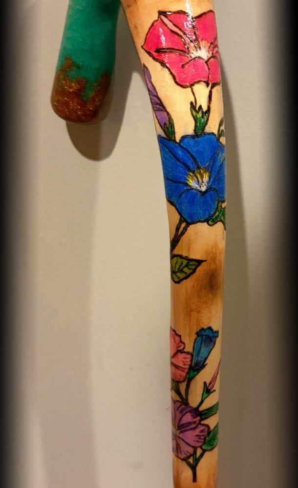 41” Walking CANE With Morning Glory Pyrography Handmade & Finished 🇺🇸