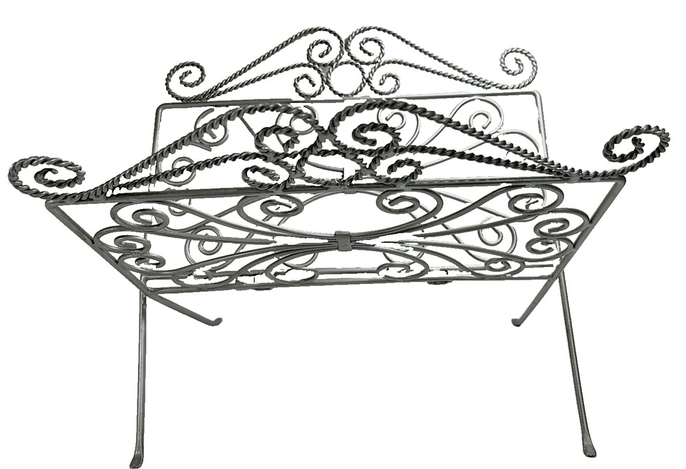 Folding Retro Magazine / Vinyl Record Rack  silver wrought Iron