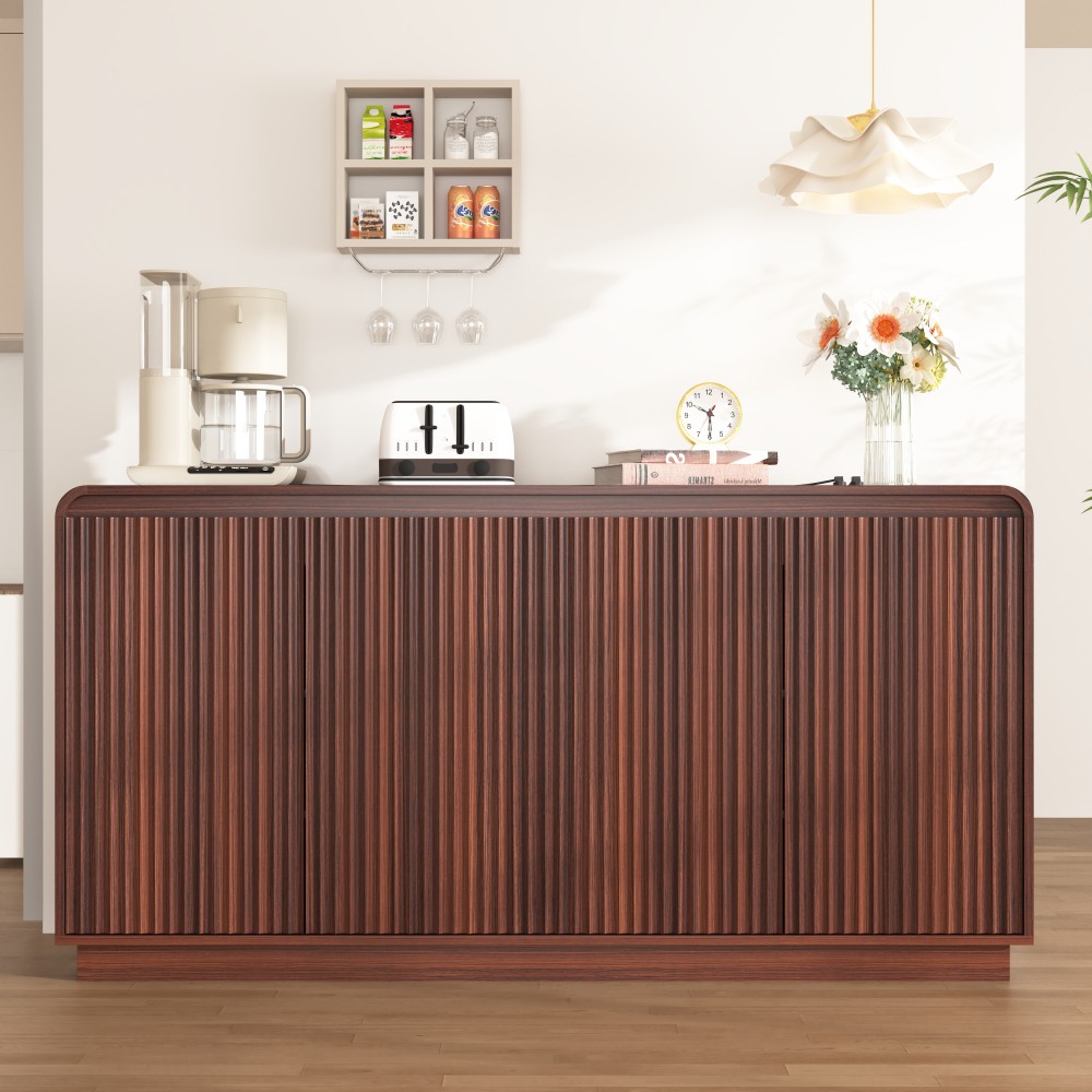 Walnut TV Stand with Power Outlet, Adjustable Storage, Fluted Handleless