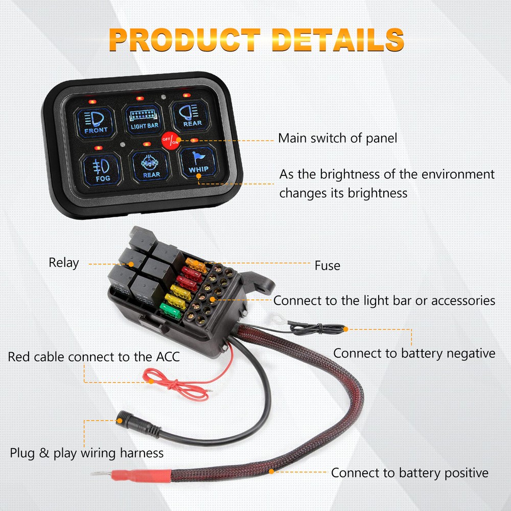 Auxbeam 6 Gang Switch Panel BC60 Universal Circuit Control Relay System Blue UTV