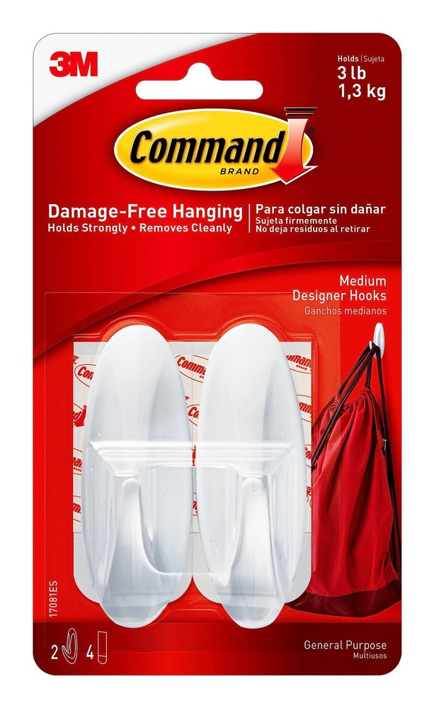 Command Medium Designer Hooks, 2 Hooks and 4 Strips, Medium, White