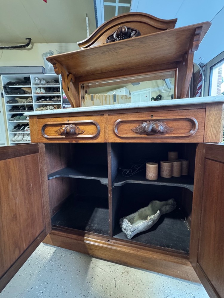Antique Marble Top Victorian Walnut Carved Server Sideboard Buffet Cupboard