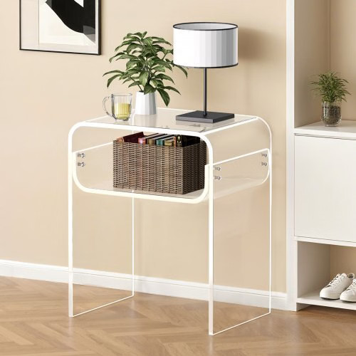 Acrylic Side Table, 2 Tiers Clear Bedside Table with Storage Shelf, Modern Recta