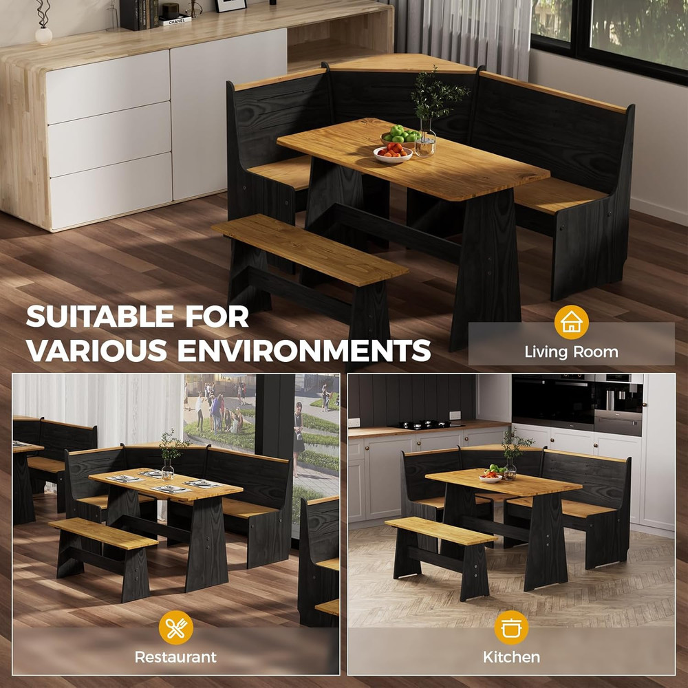 Solid Wood Corner Breakfast Nook Table Set for 4-6, Space Saving Black Booth
