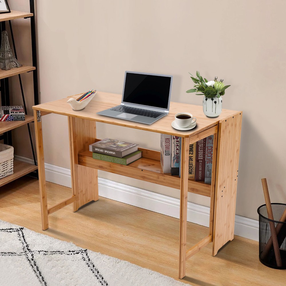 Folding Computer Desk, Modern Writing Table +Storage Shelf Home Office Work Desk