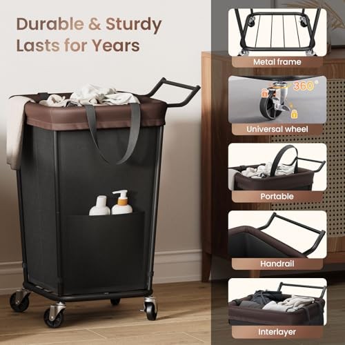 Laundry Hamper with Wheels and Handle, 2 160L Black-2 Section with Handle
