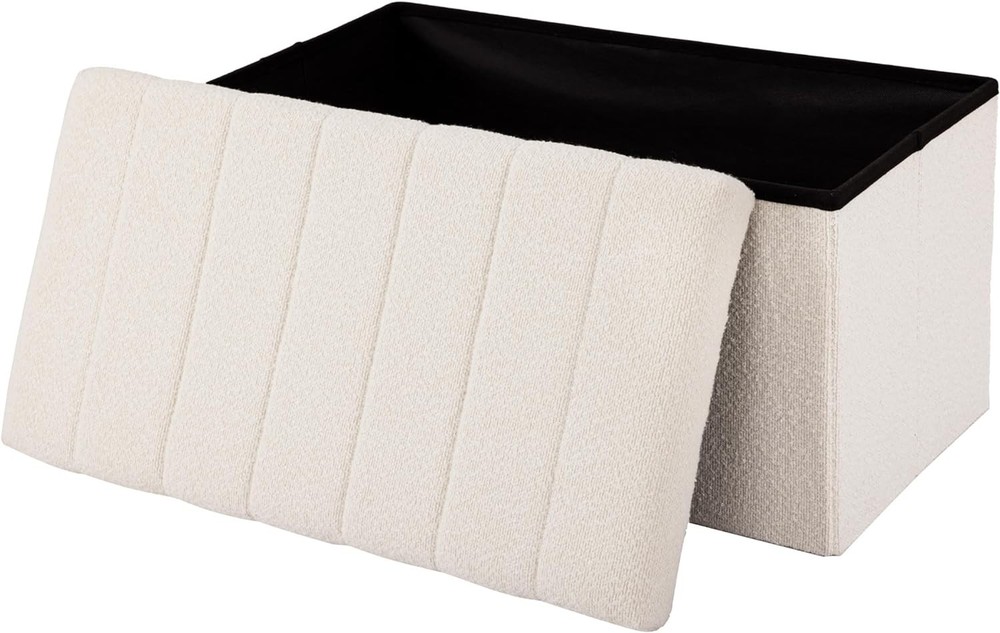 Space-Saving White Boucle Storage Bench - Elegant Ottoman for Home Decor