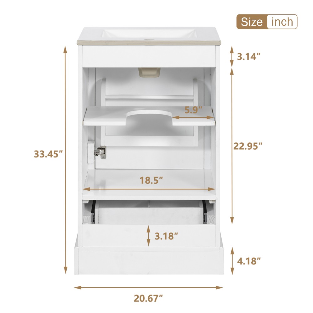 Modern 20" Bathroom Vanity with Ceramic Sink, Soft Close Door, Adjustable Shelf