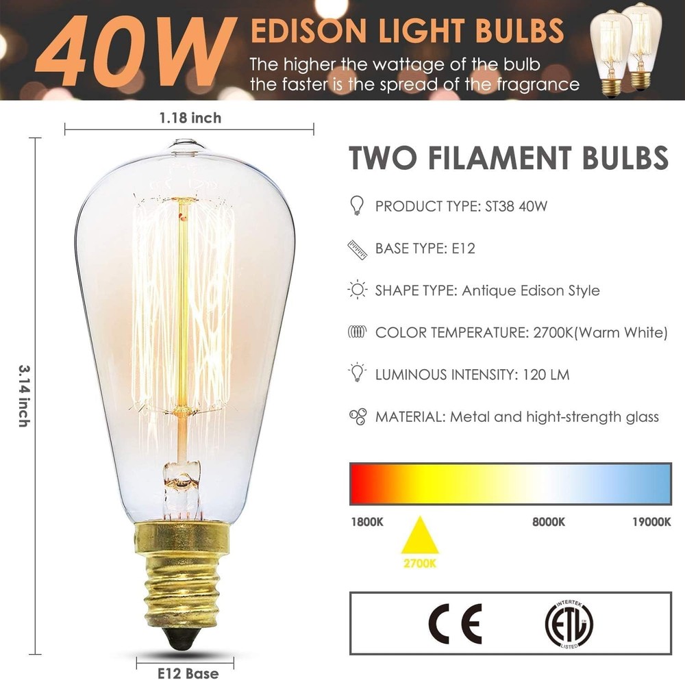 Metal Wax Warmer with 2 Edison Bulbs