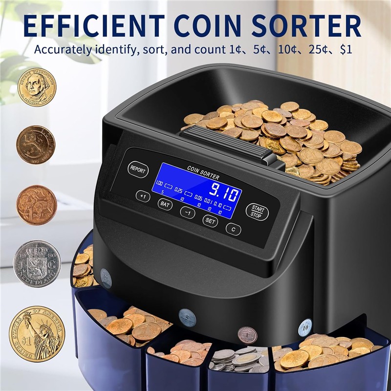 Coin Sorter Machine 270 Coins/Min Auto Coin Counter LCD Screen Batch Feature