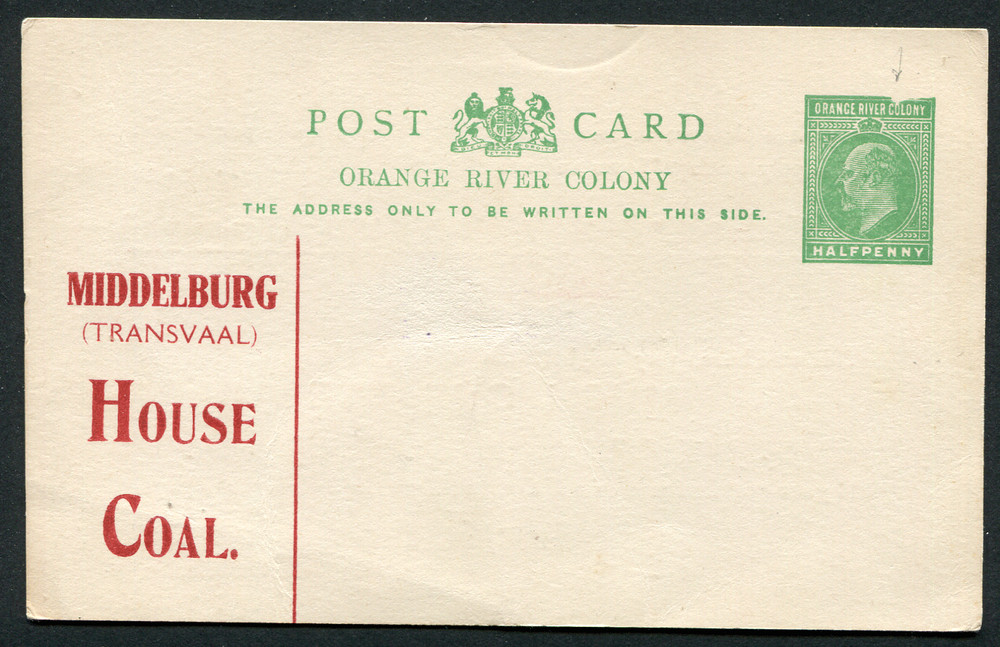 ORANGE RIVER COLONY (21785) Coal/ KE7 ½d DEFECTIVE PRINTING Post Card error