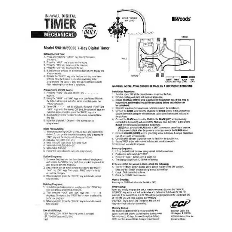 15-Amp 7-Day In-Wall Programmable Digital Timer Switch, White