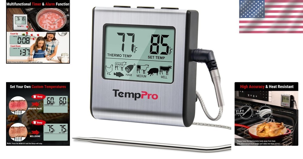 TP16 Large LCD Digital Meat Thermometer Timer Smoker Oven Kitchen BBQ