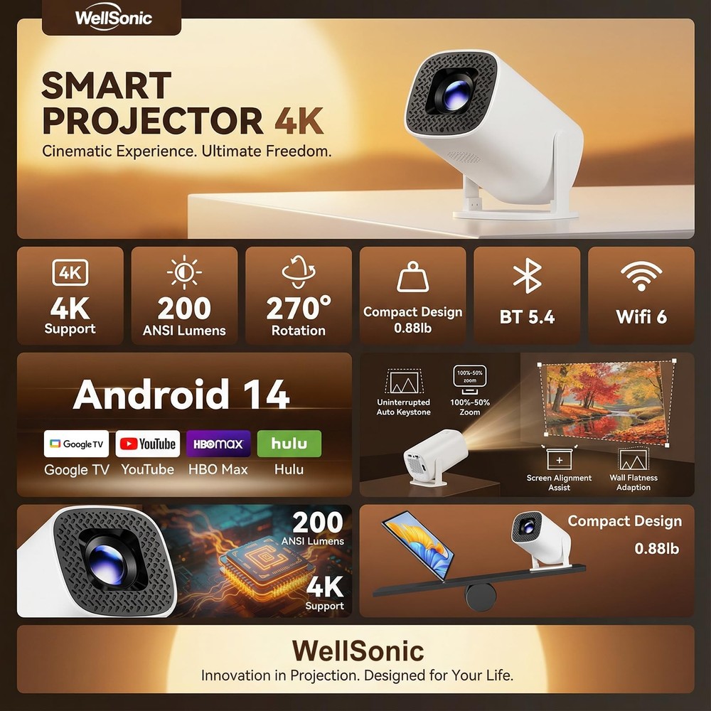 Mini Projector with Wifi and Bluetooth, 4K Protable Projector Build-in Androi...