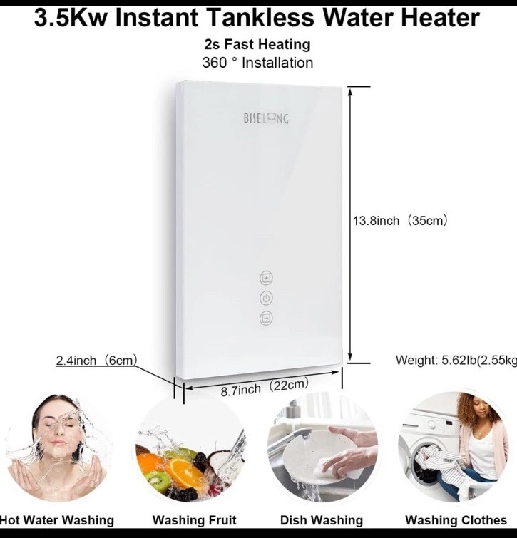 BiseLong Electric Instant Heat Tankless Water Heater, 3.5KW, 110V White