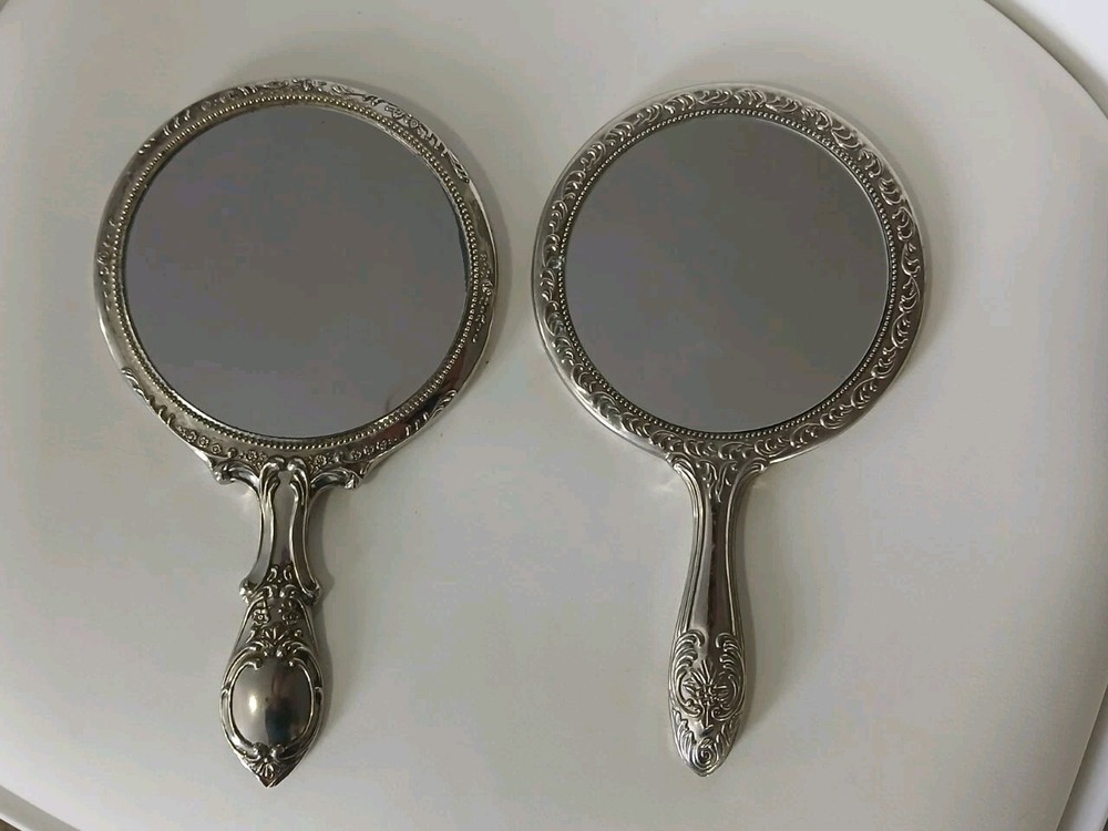 9.25" Vintage Silver Handheld Ornate Vanity Mirrors