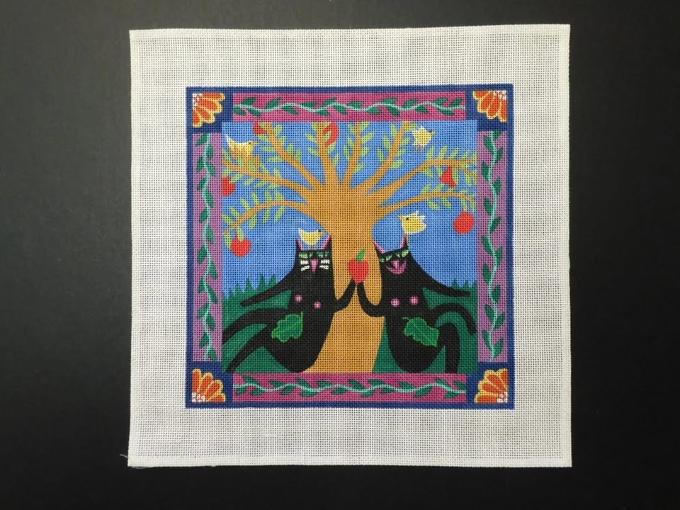 Two Cats & A Tree by Unknown Designer (SB1) Stitch Painted Needlepoint