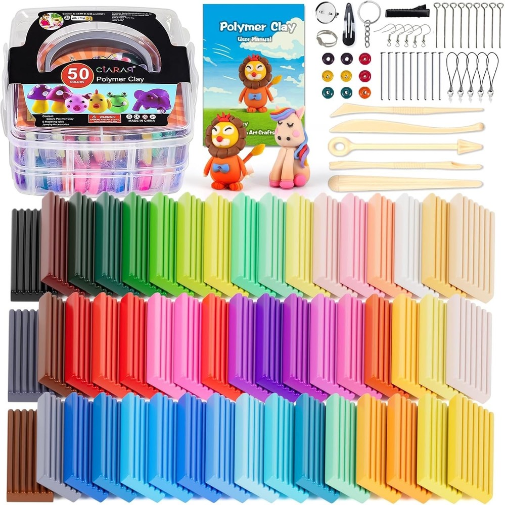 Complete Polymer Clay Kit with Tools - 50 Vibrant Colors & Storage Box