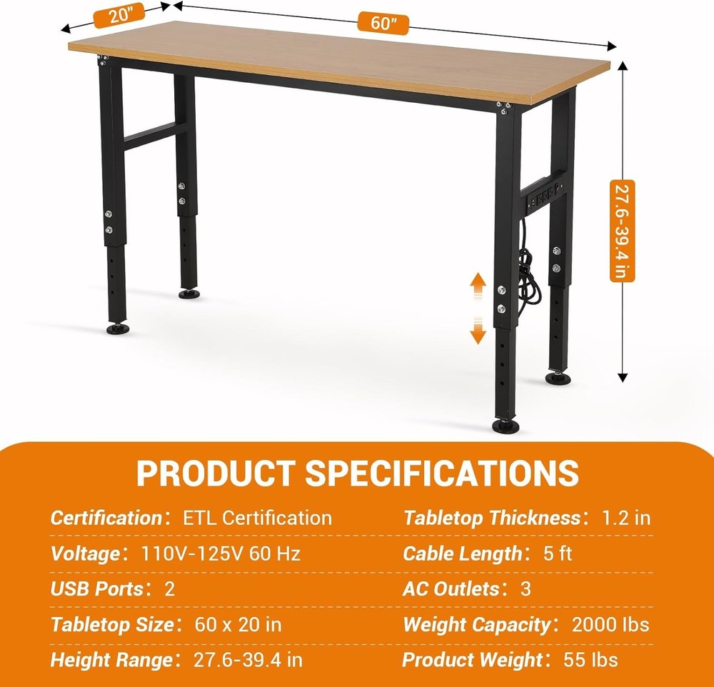 Adjustable Height Workbench with Power Outlet 2500 Lbs Capacity Heavy Duty Table