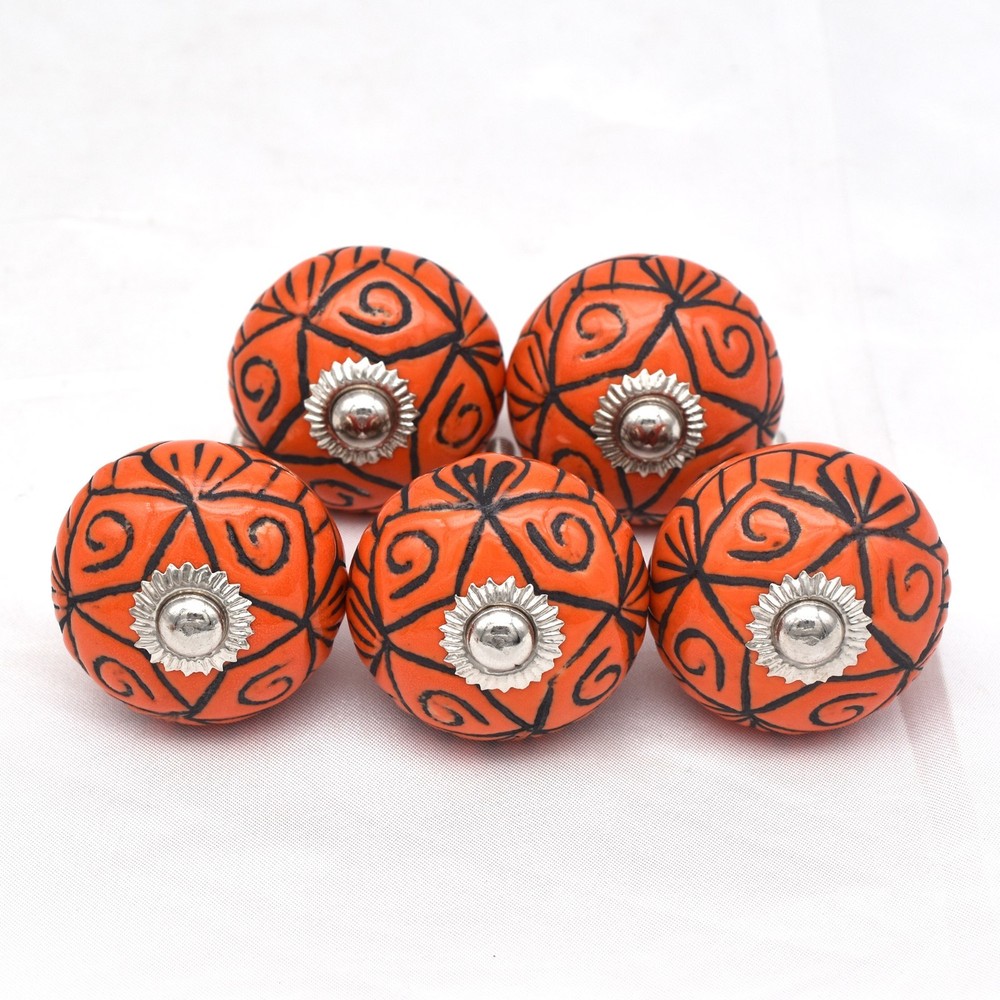 Emboss Orange Color Ceramic Knobs Handpainted Kitchen Cabinet Drawer Pulls