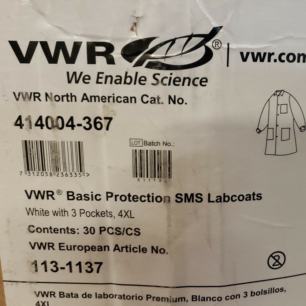 30 Count VWR BASIC PROTECTION 414004-367 SMS LABCOATS  4XL White with 3-POCKETS