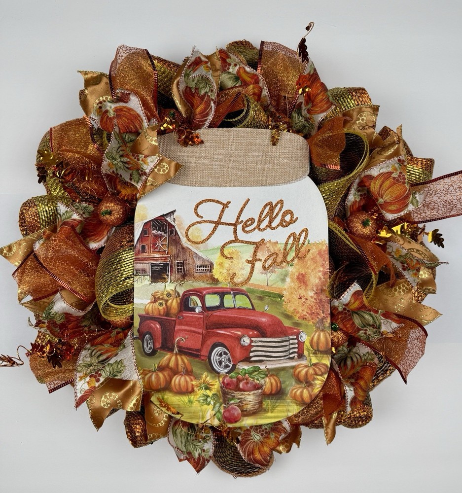 HELLO FALL FARM Deco Mesh WREATH 20 x 20
