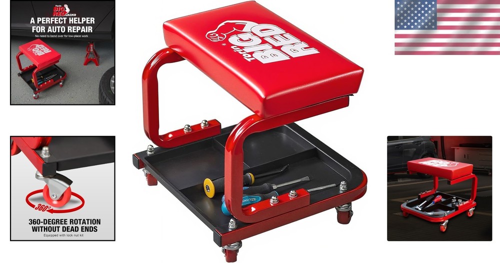 Red Rolling Automotive Creeper Seat with Tool Tray