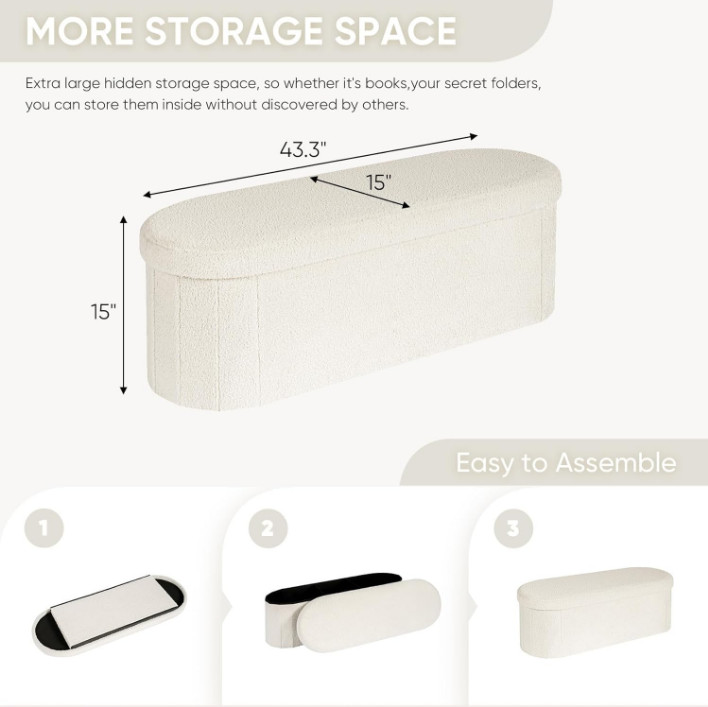 New Storage Ottoman Bench Sherpa Folding 43.3in White